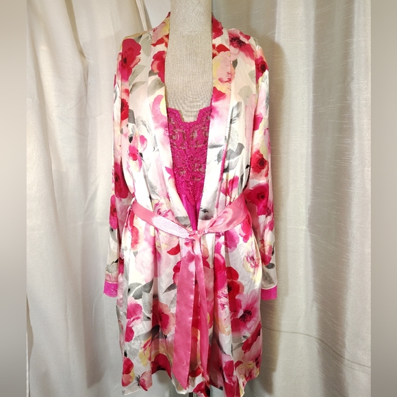 2Pc:Rose Satin Robe+Slip: Floral Pinks & White, Satin+ Lace, Tie, Straps, M - Picture 2 of 16